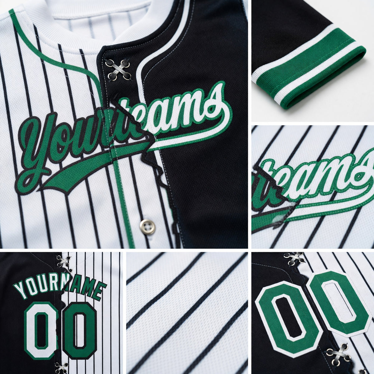 Custom White Black Pinstripe-Kelly Green Split Ripped Pattern Baseball Pullover Sweatshirt Hoodie detail