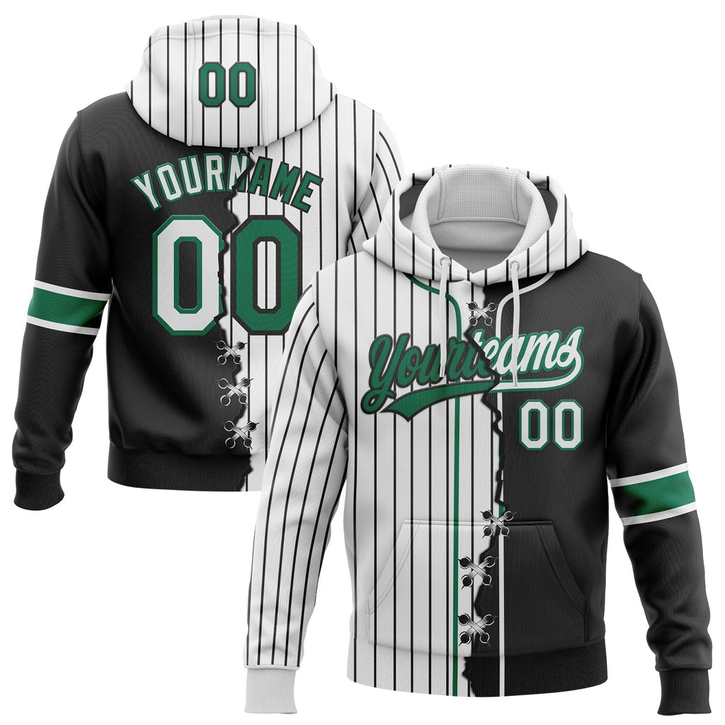 Custom White Black Pinstripe-Kelly Green Split Ripped Pattern Baseball Pullover Sweatshirt Hoodie photo 1