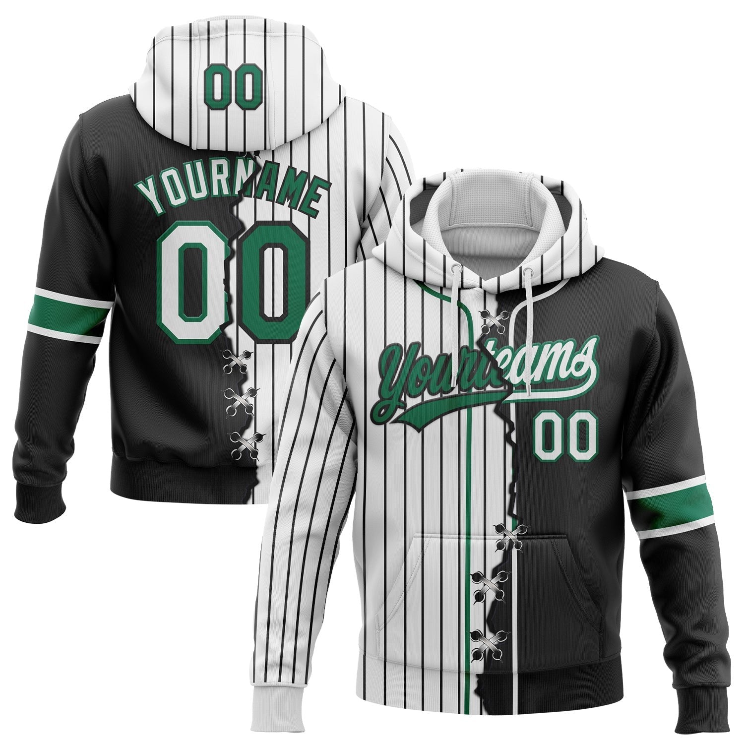 Custom White Black Pinstripe-Kelly Green Split Ripped Pattern Baseball Pullover Sweatshirt Hoodie photo 1