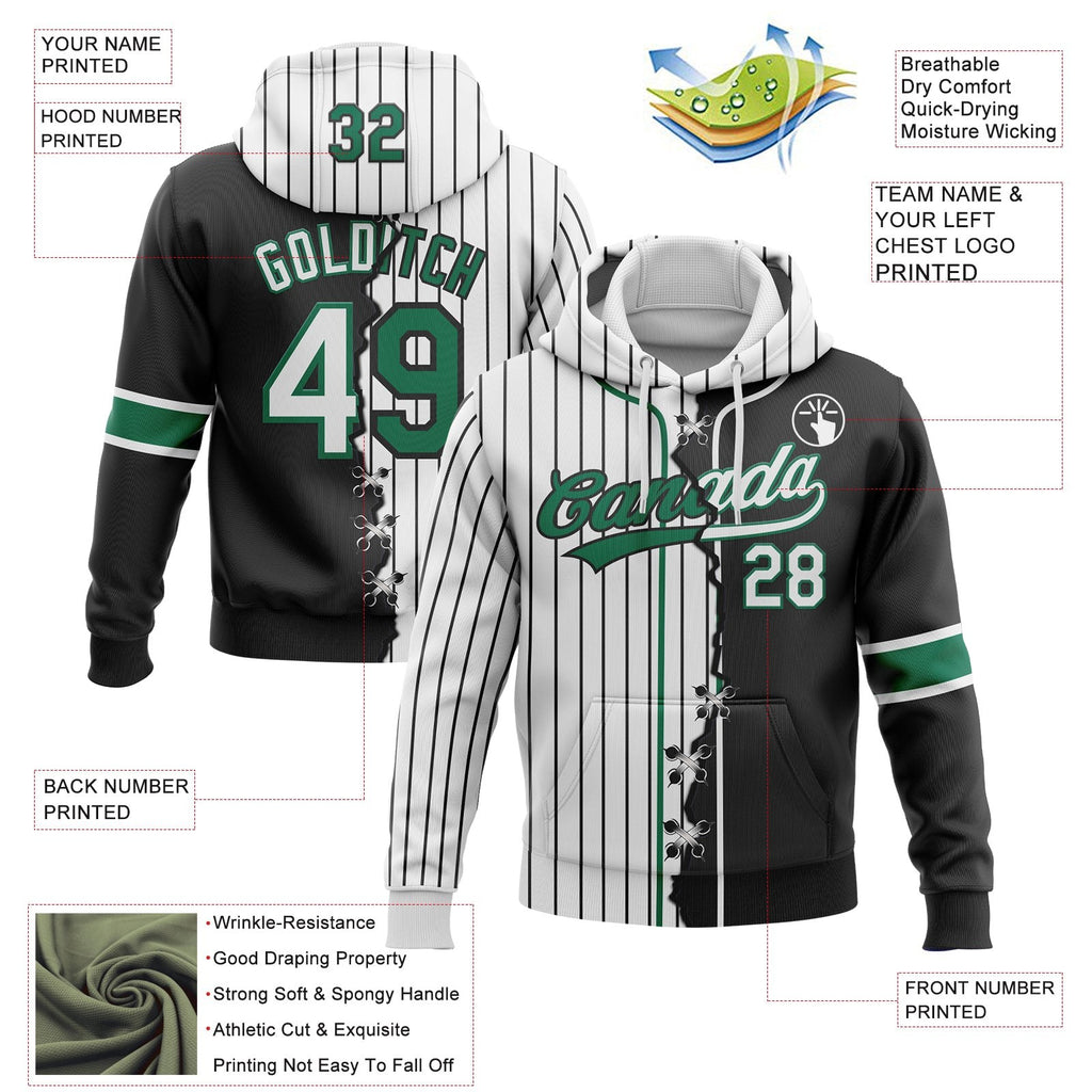 Custom White Black Pinstripe-Kelly Green Split Ripped Pattern Baseball Pullover Sweatshirt Hoodie photo 3
