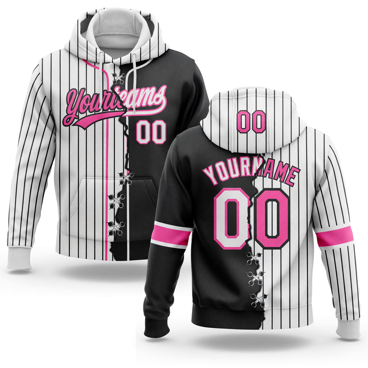 Custom White Black Pinstripe-Pink Split Ripped Pattern Baseball Pullover Sweatshirt Hoodie