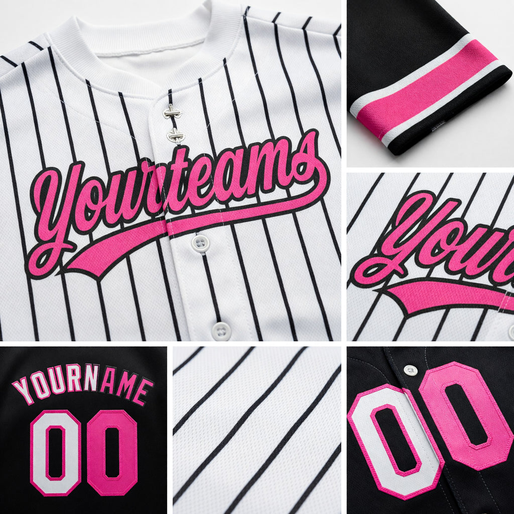 Custom White Black Pinstripe-Pink Split Ripped Pattern Baseball Pullover Sweatshirt Hoodie detail