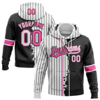 Custom White Black Pinstripe-Pink Split Ripped Pattern Baseball Pullover Sweatshirt Hoodie photo 1