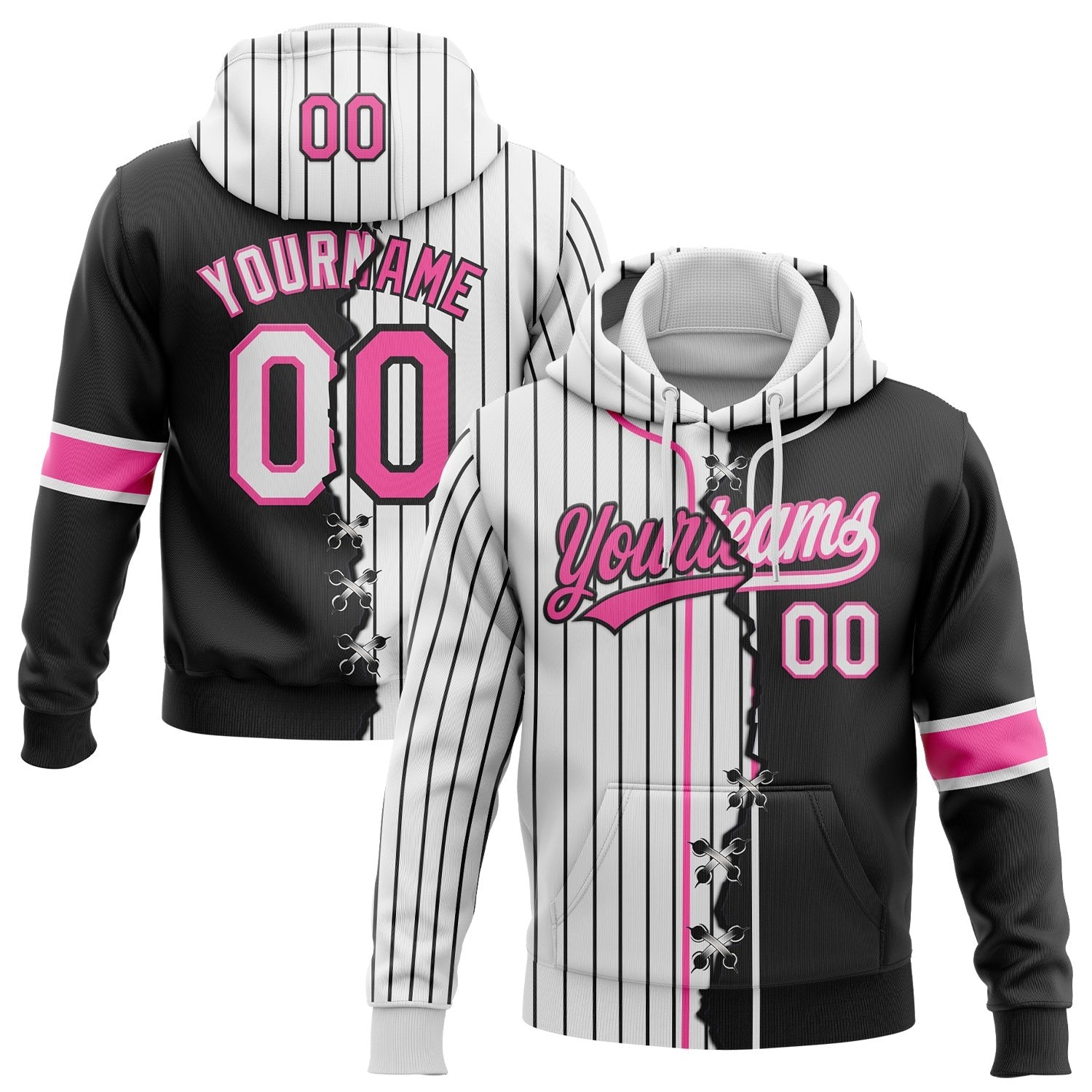 Custom White Black Pinstripe-Pink Split Ripped Pattern Baseball Pullover Sweatshirt Hoodie photo 1