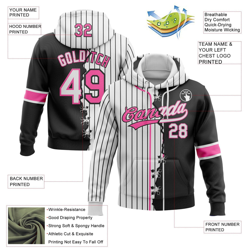 Custom White Black Pinstripe-Pink Split Ripped Pattern Baseball Pullover Sweatshirt Hoodie photo 3