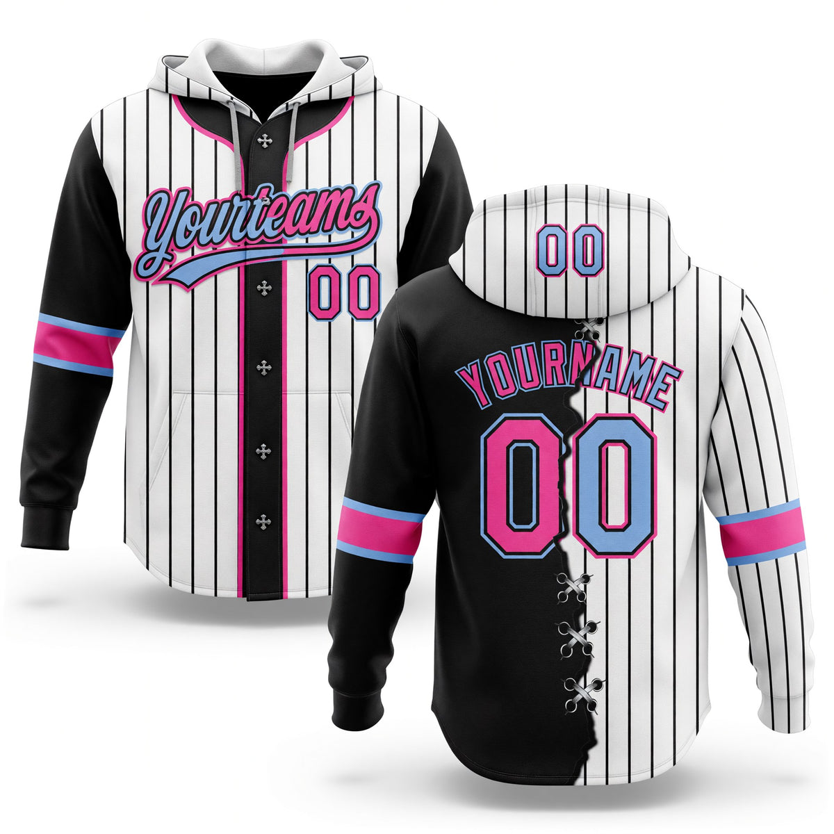 Custom White Black Pinstripe Pink-Light Blue Split Ripped Pattern Baseball Pullover Sweatshirt Hoodie