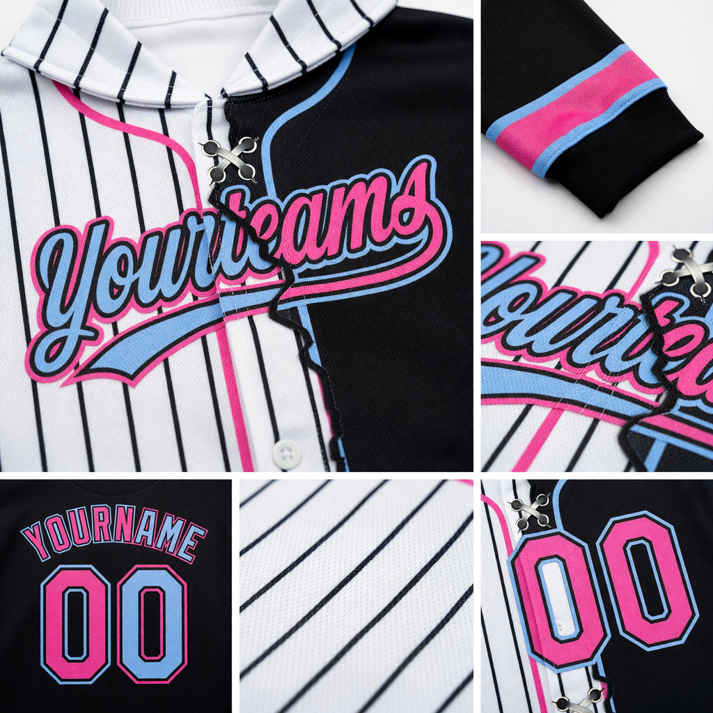 Custom White Black Pinstripe Pink-Light Blue Split Ripped Pattern Baseball Pullover Sweatshirt Hoodie detail