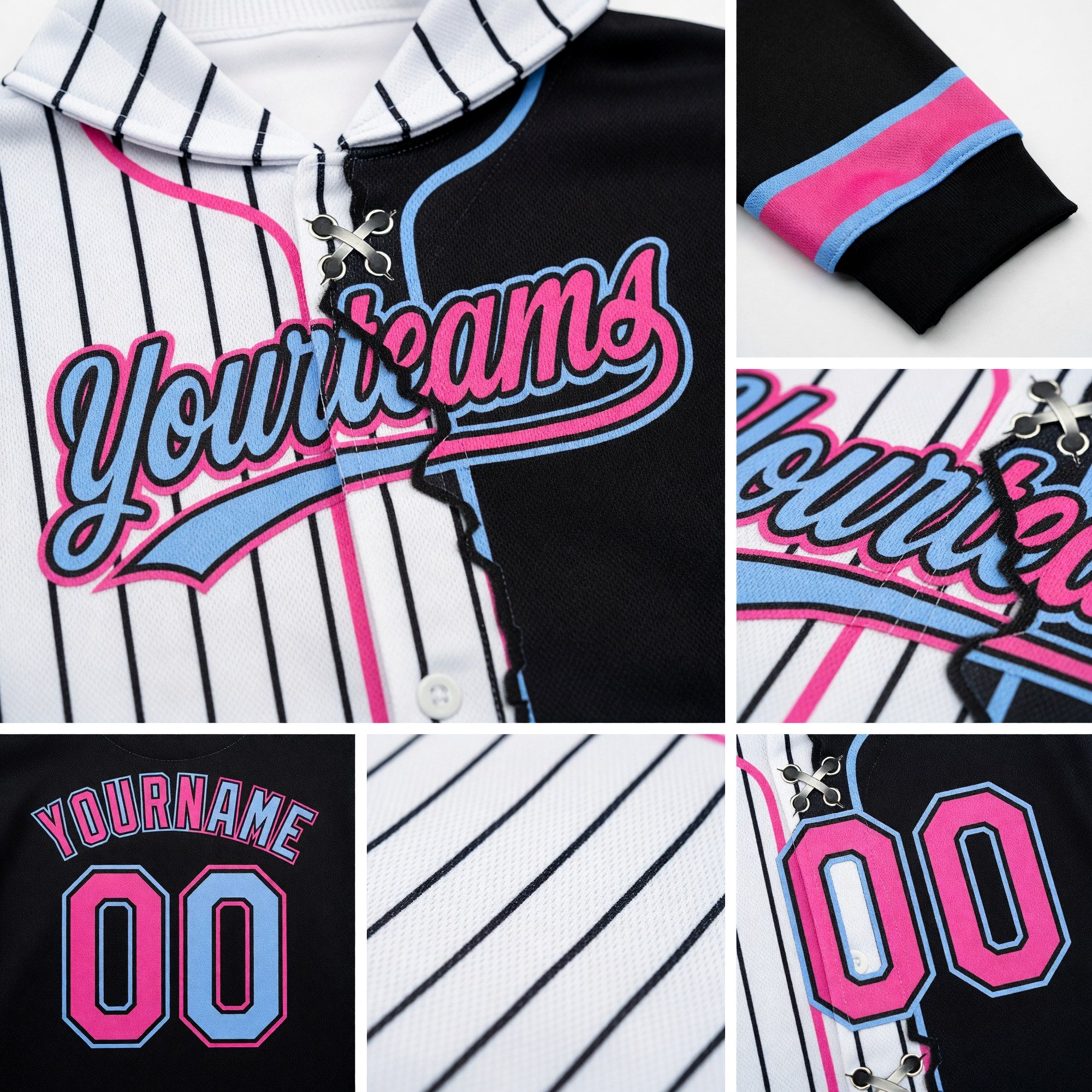 Custom White Black Pinstripe Pink-Light Blue Split Ripped Pattern Baseball Pullover Sweatshirt Hoodie detail