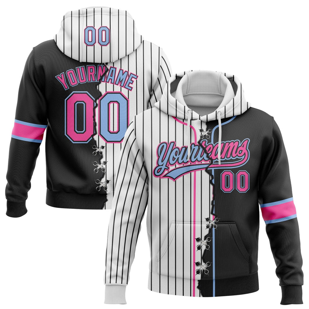 Custom White Black Pinstripe Pink-Light Blue Split Ripped Pattern Baseball Pullover Sweatshirt Hoodie photo 1