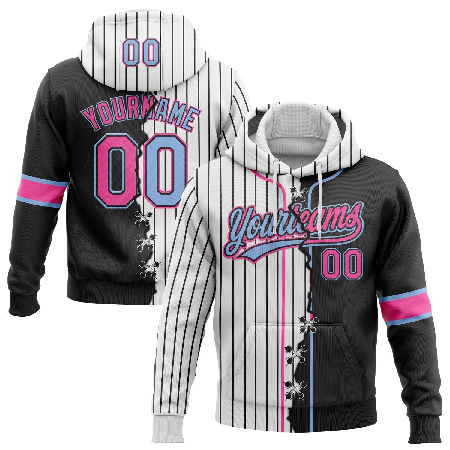 Custom White Black Pinstripe Pink-Light Blue Split Ripped Pattern Baseball Pullover Sweatshirt Hoodie photo 1