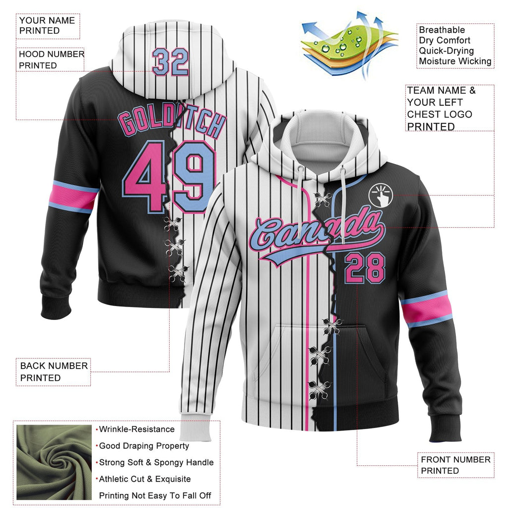 Custom White Black Pinstripe Pink-Light Blue Split Ripped Pattern Baseball Pullover Sweatshirt Hoodie photo 3