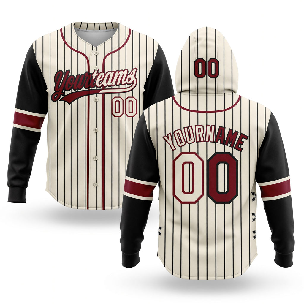 Custom Cream Black Pinstripe-Crimson Split Ripped Pattern Baseball Pullover Sweatshirt Hoodie