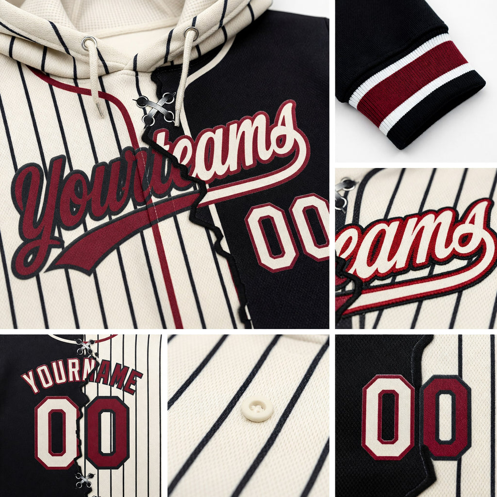 Custom Cream Black Pinstripe-Crimson Split Ripped Pattern Baseball Pullover Sweatshirt Hoodie detail