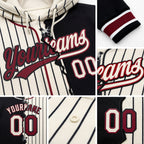Custom Cream Black Pinstripe-Crimson Split Ripped Pattern Baseball Pullover Sweatshirt Hoodie detail