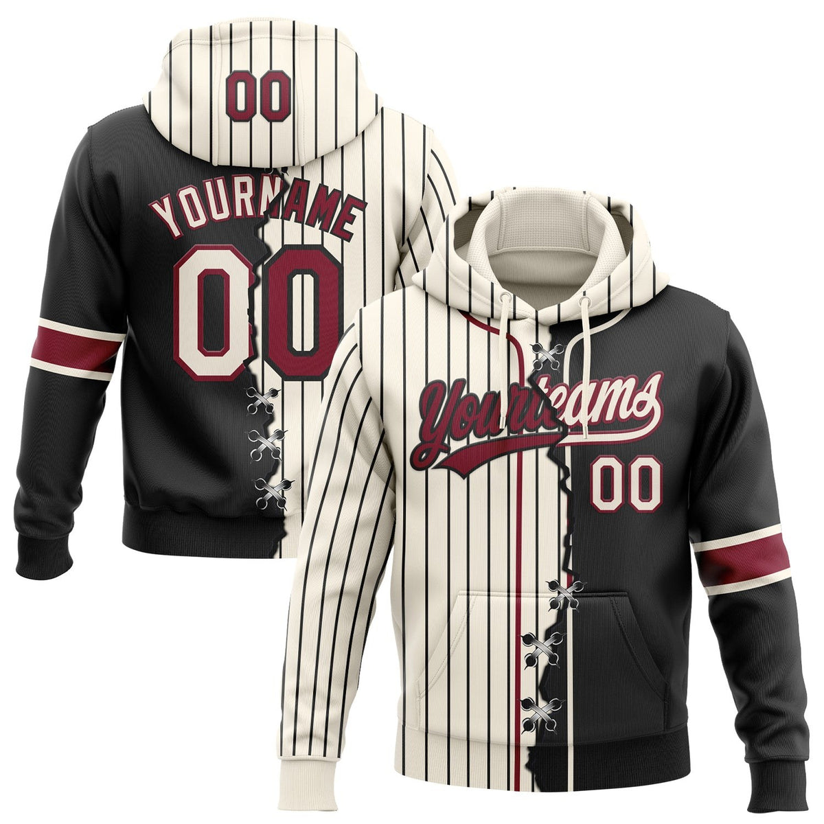 Custom Cream Black Pinstripe-Crimson Split Ripped Pattern Baseball Pullover Sweatshirt Hoodie photo 1