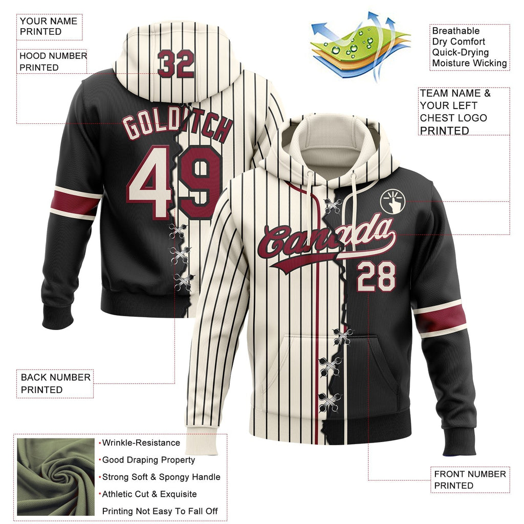 Custom Cream Black Pinstripe-Crimson Split Ripped Pattern Baseball Pullover Sweatshirt Hoodie photo 3