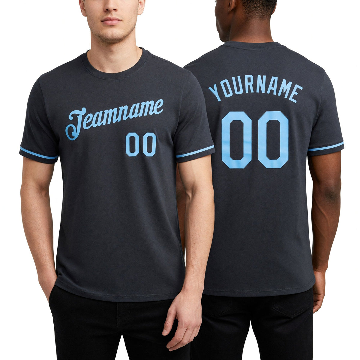 Custom Steel Gray Light Blue Performance T-Shirt worn front and back