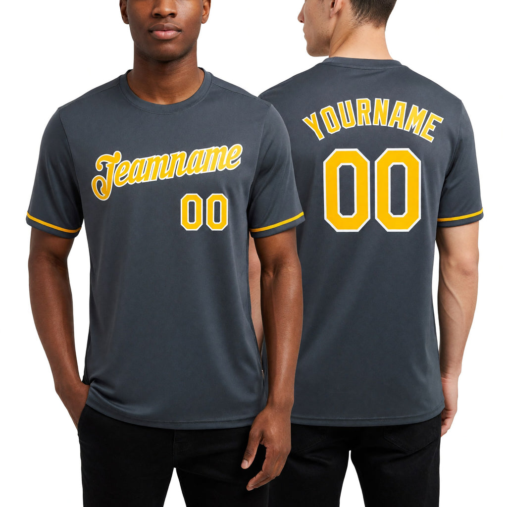 Custom Steel Gray Gold-White Performance T-Shirt worn front and back