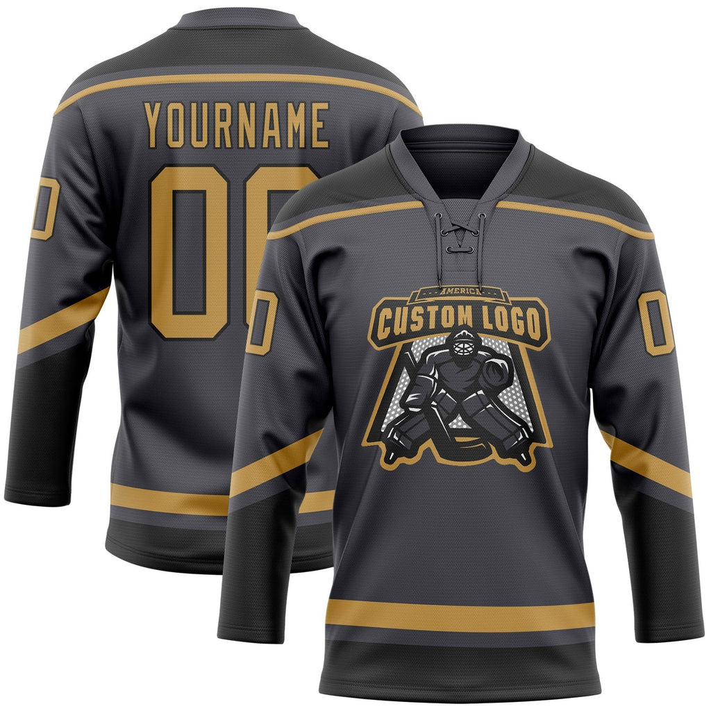 Custom Steel Gray Old Gold-Black Hockey Lace Neck Jersey photo 2