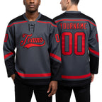Custom Steel Gray Red-Black Hockey Lace Neck Jersey worn front and back