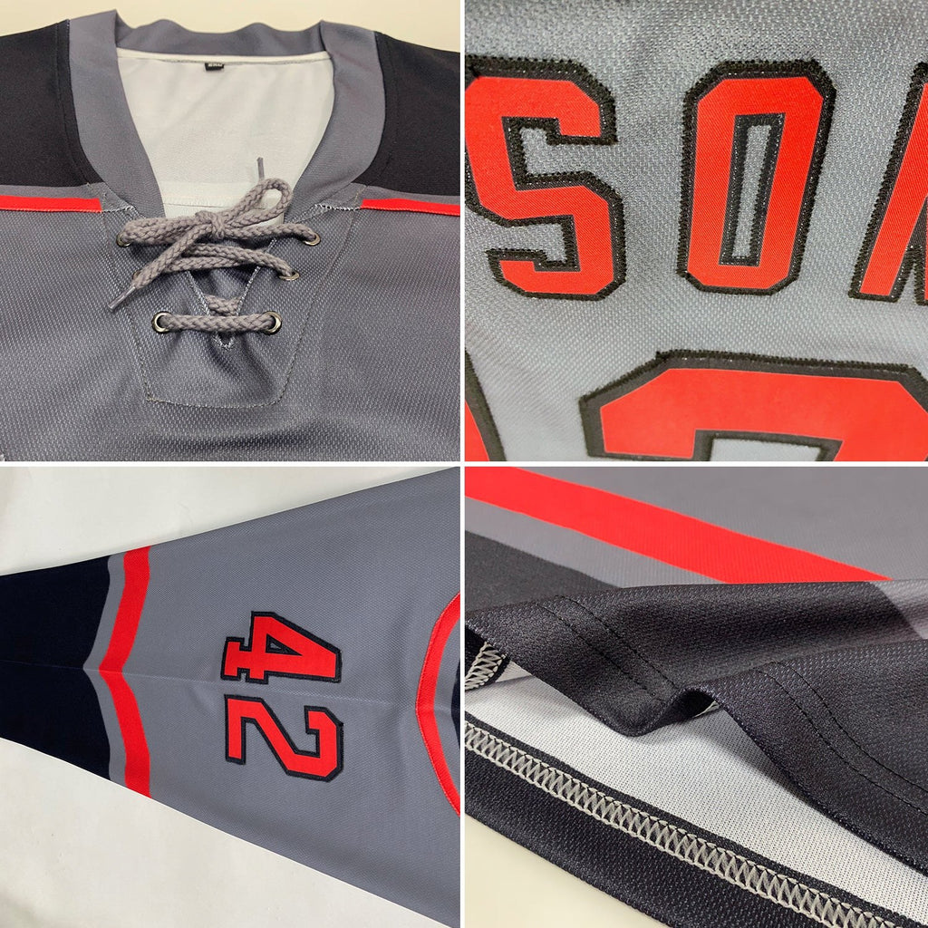 Custom Steel Gray Red-Black Hockey Lace Neck Jersey photo 2