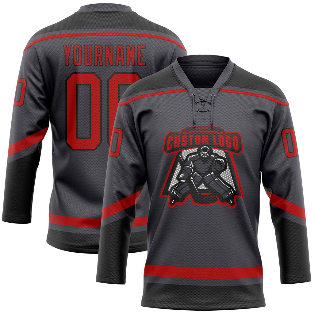 Custom Steel Gray Red-Black Hockey Lace Neck Jersey photo 3