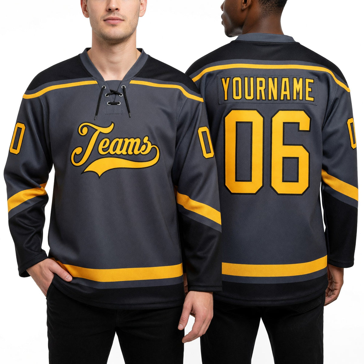 Custom Steel Gray Gold-Black Hockey Lace Neck Jersey worn front and back