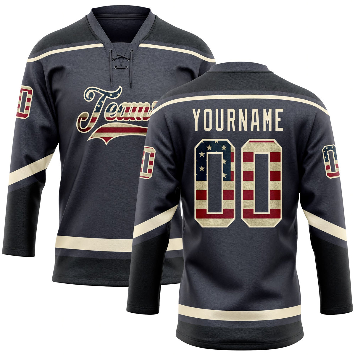 Custom Steel Gray Vintage USA Flag Cream-Black Hockey Lace Neck Jersey