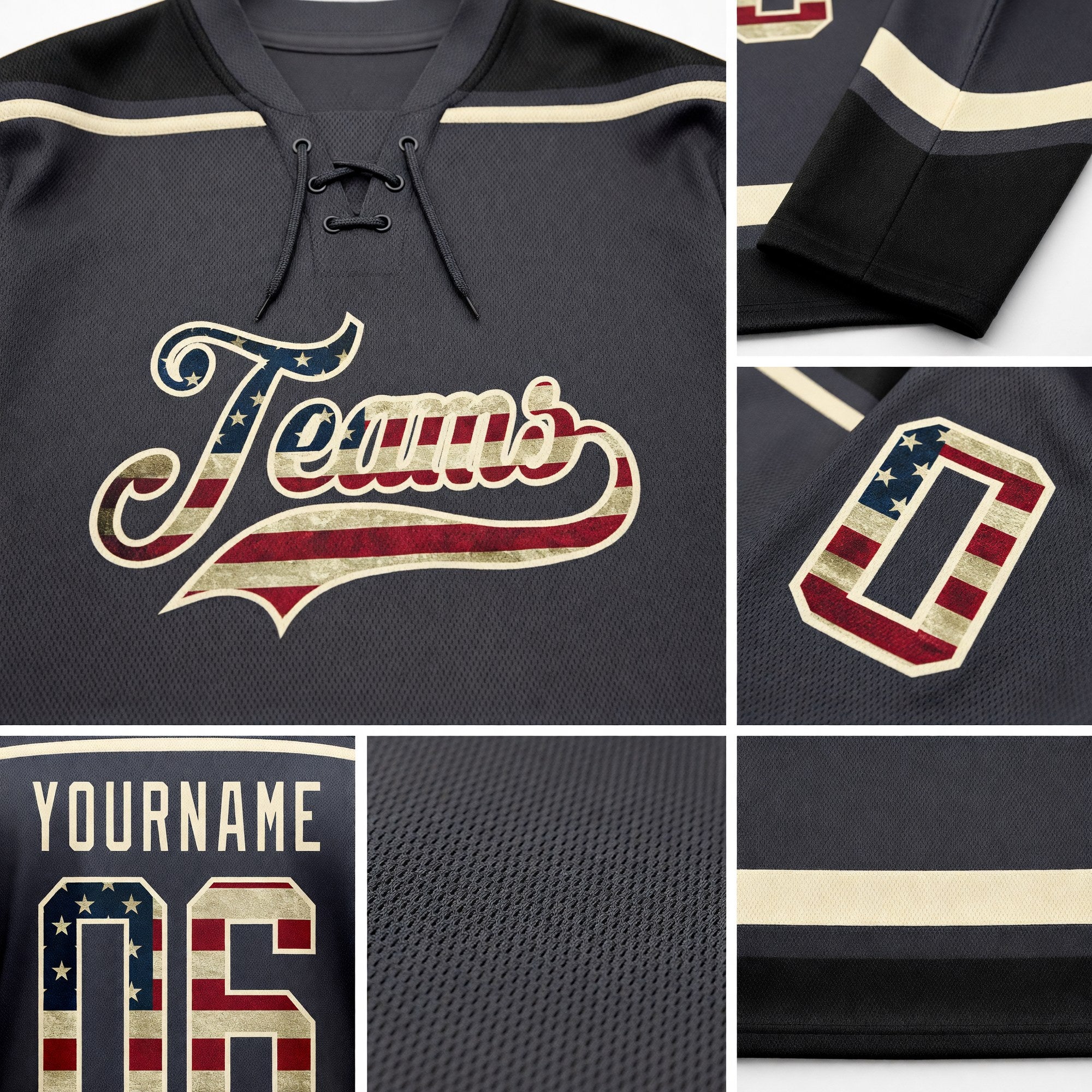 Custom Steel Gray Vintage USA Flag Cream-Black Hockey Lace Neck Jersey detail