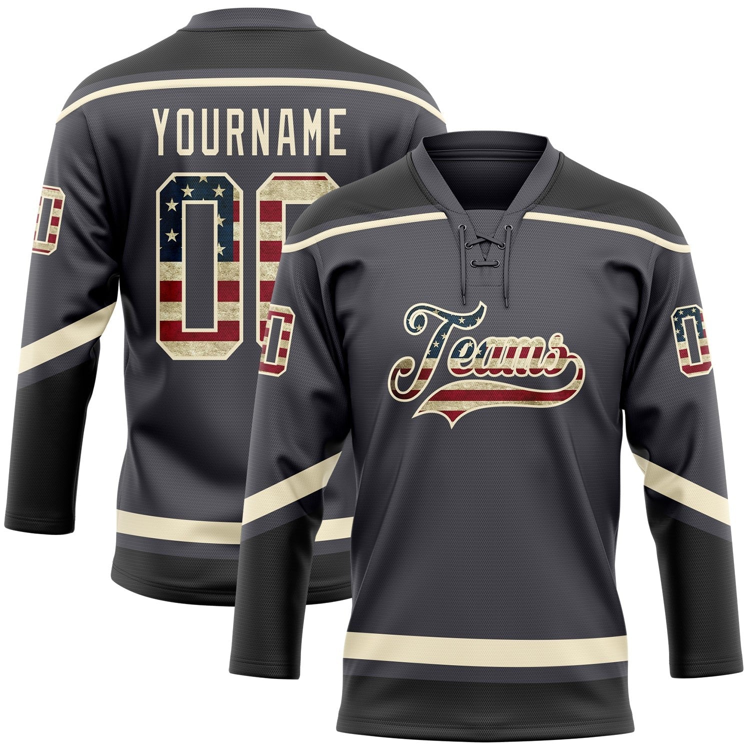Custom Steel Gray Vintage USA Flag Cream-Black Hockey Lace Neck Jersey photo 1