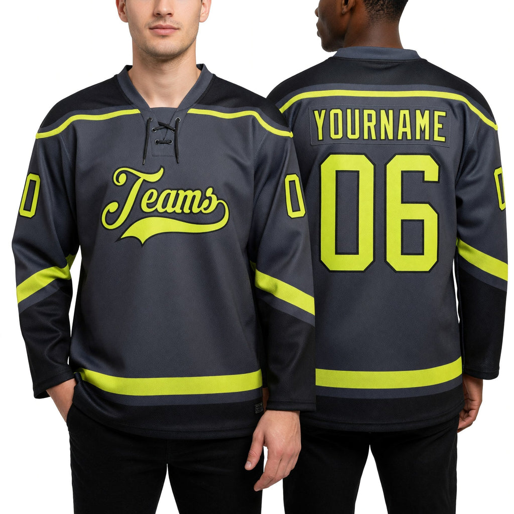Custom Steel Gray Neon Yellow-Black Hockey Lace Neck Jersey worn front and back