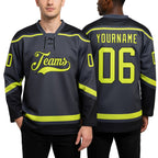 Custom Steel Gray Neon Yellow-Black Hockey Lace Neck Jersey worn front and back