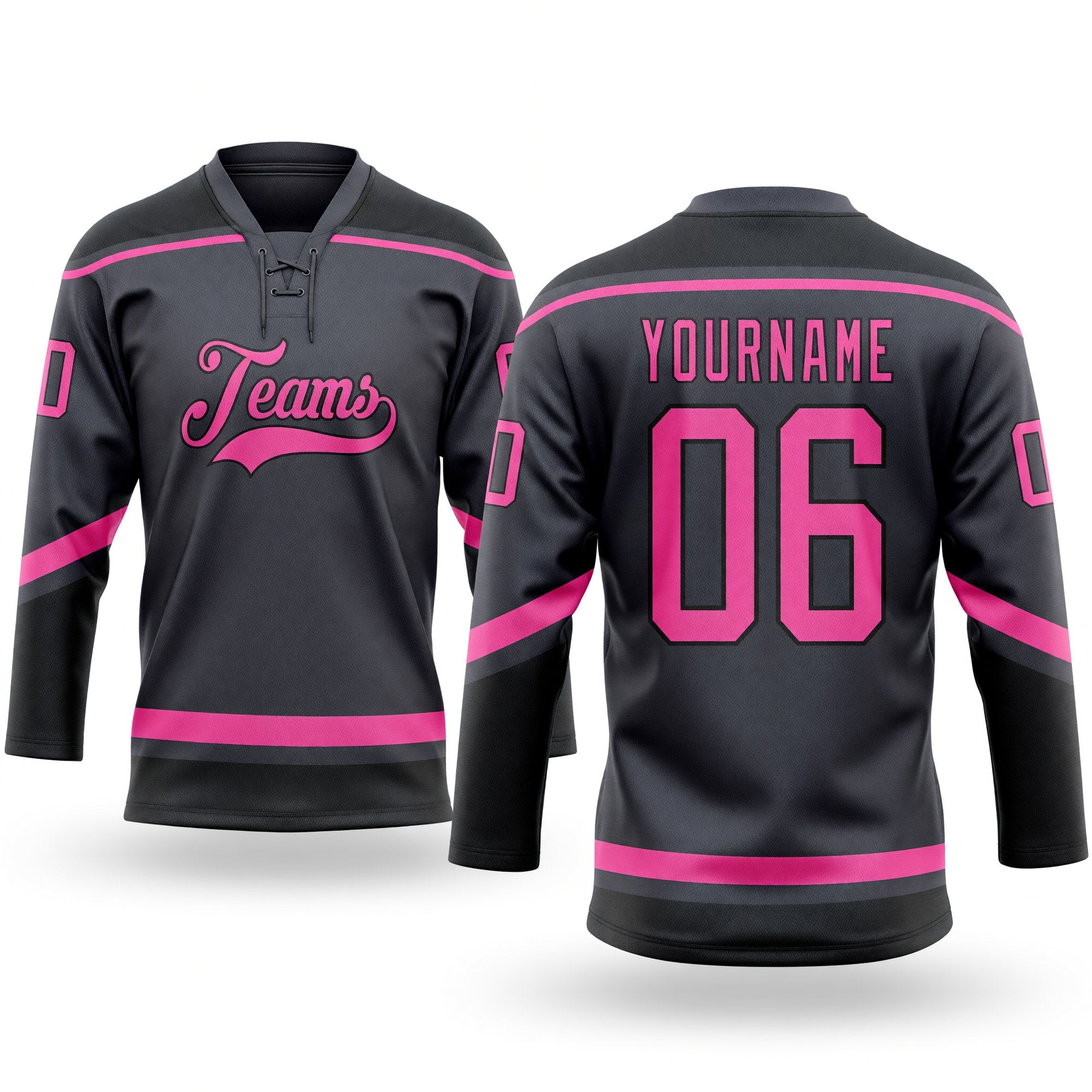 Custom Steel Gray Pink-Black Hockey Lace Neck Jersey