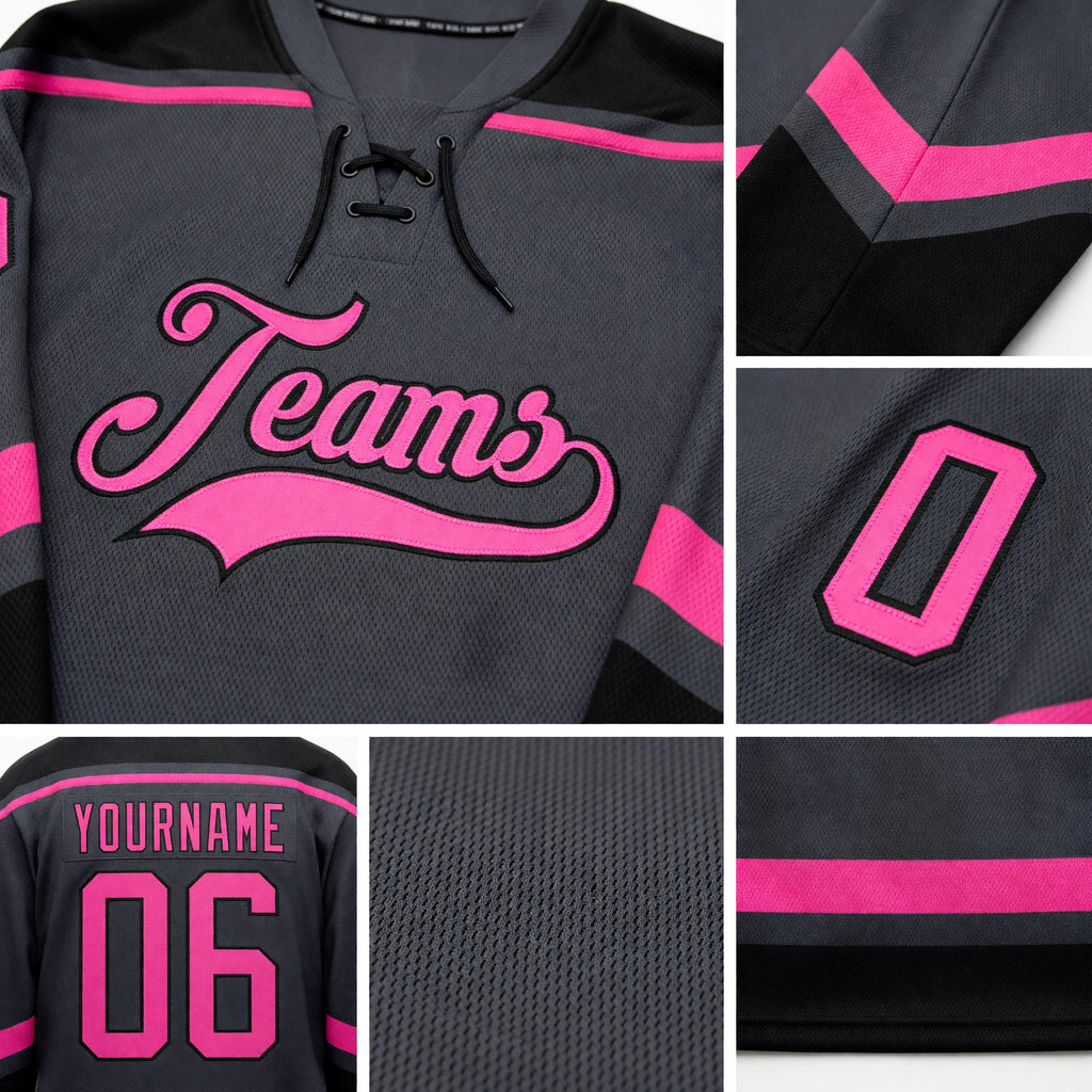 Custom Steel Gray Pink-Black Hockey Lace Neck Jersey detail