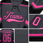Custom Steel Gray Pink-Black Hockey Lace Neck Jersey detail