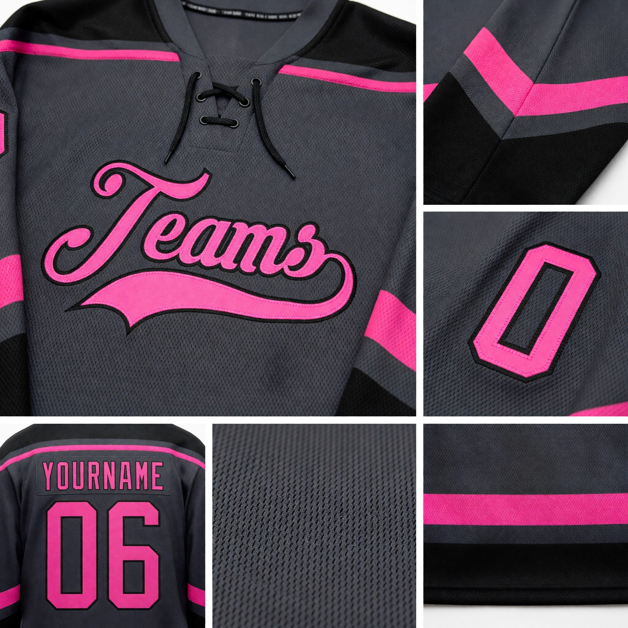Custom Steel Gray Pink-Black Hockey Lace Neck Jersey detail