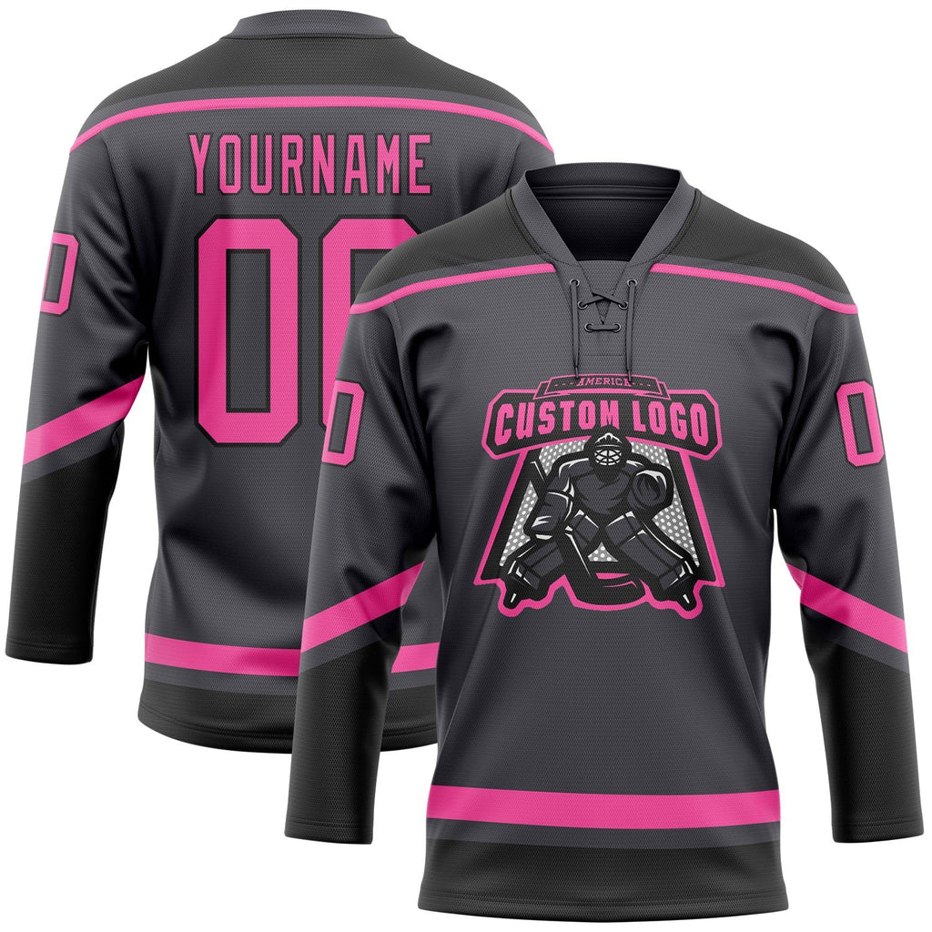 Custom Steel Gray Pink-Black Hockey Lace Neck Jersey photo 2