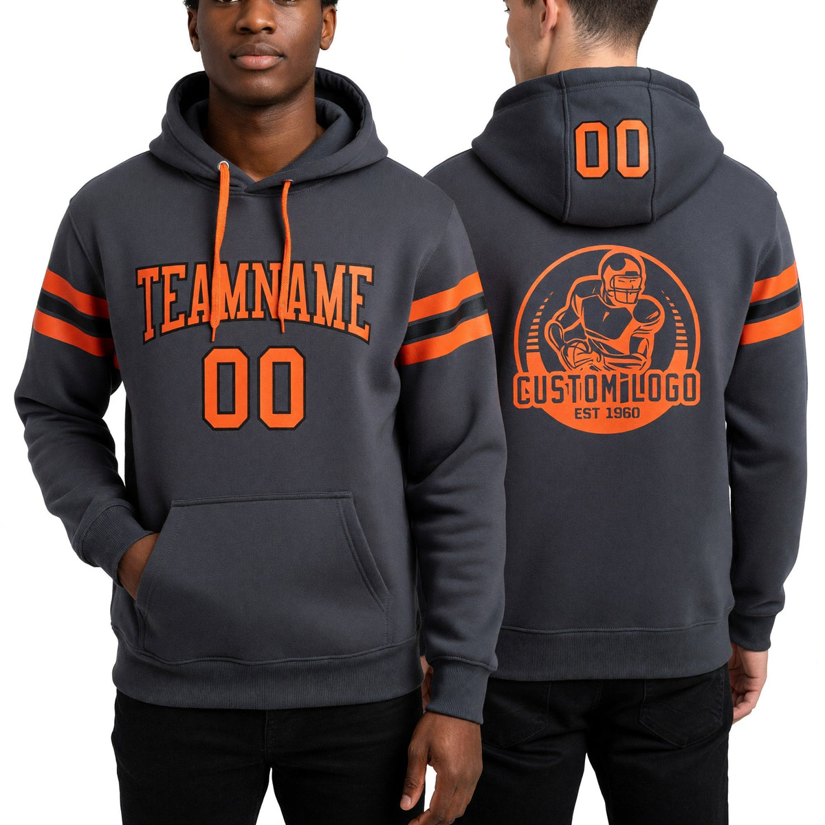 Custom Stitched Steel Gray Orange-Black Football Pullover Sweatshirt Hoodie worn front and back