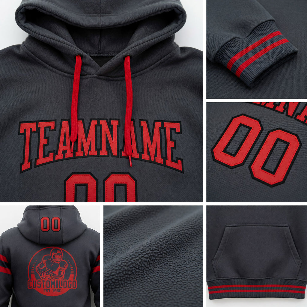 Custom Stitched Steel Gray Red-Black Football Pullover Sweatshirt Hoodie detail