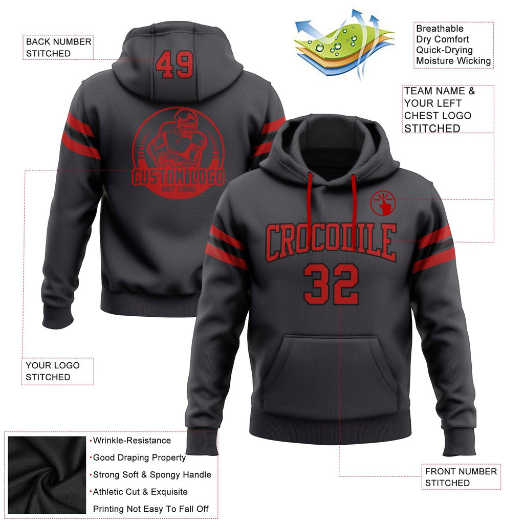 Custom Stitched Steel Gray Red-Black Football Pullover Sweatshirt Hoodie photo 2