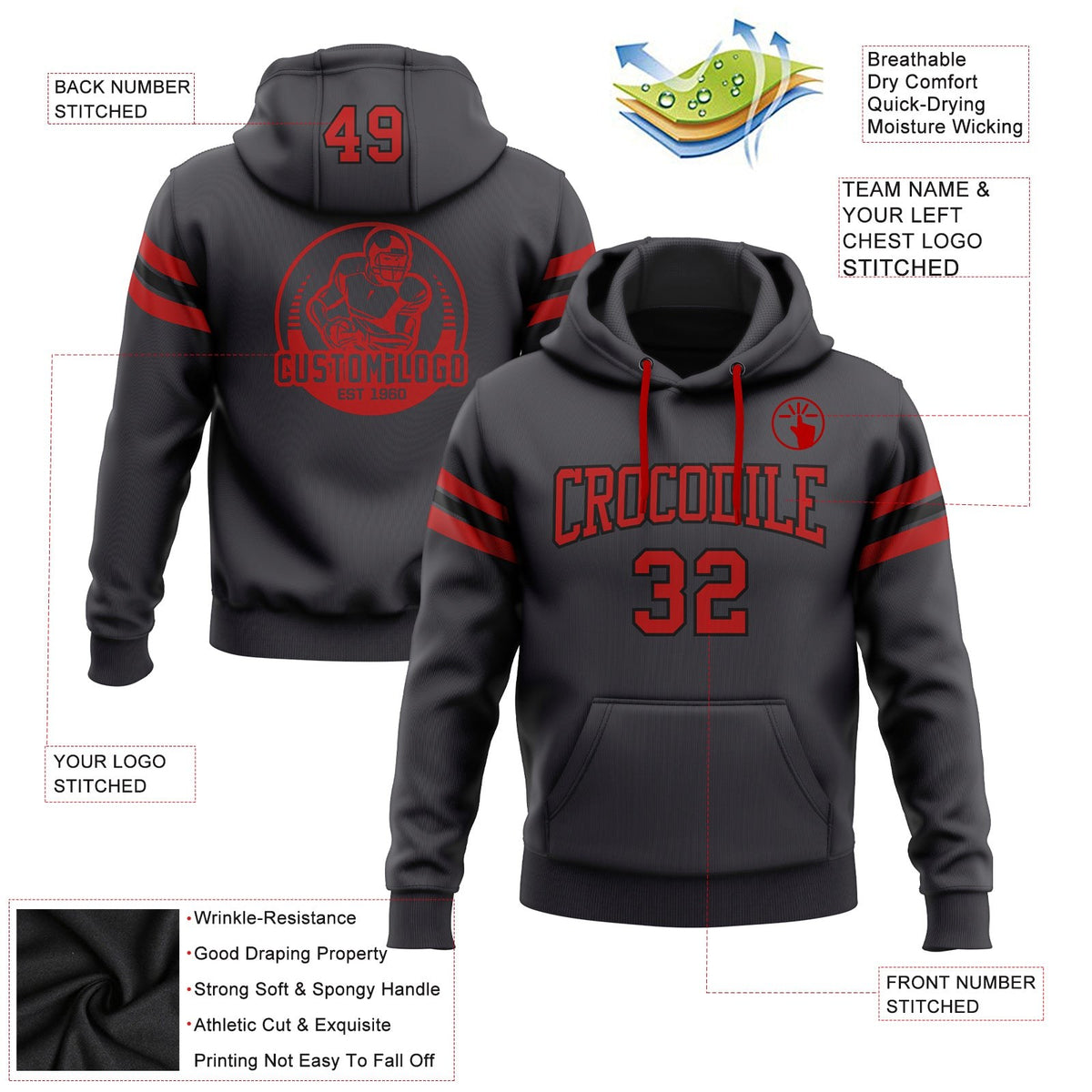 Custom Stitched Steel Gray Red-Black Football Pullover Sweatshirt Hoodie photo 2