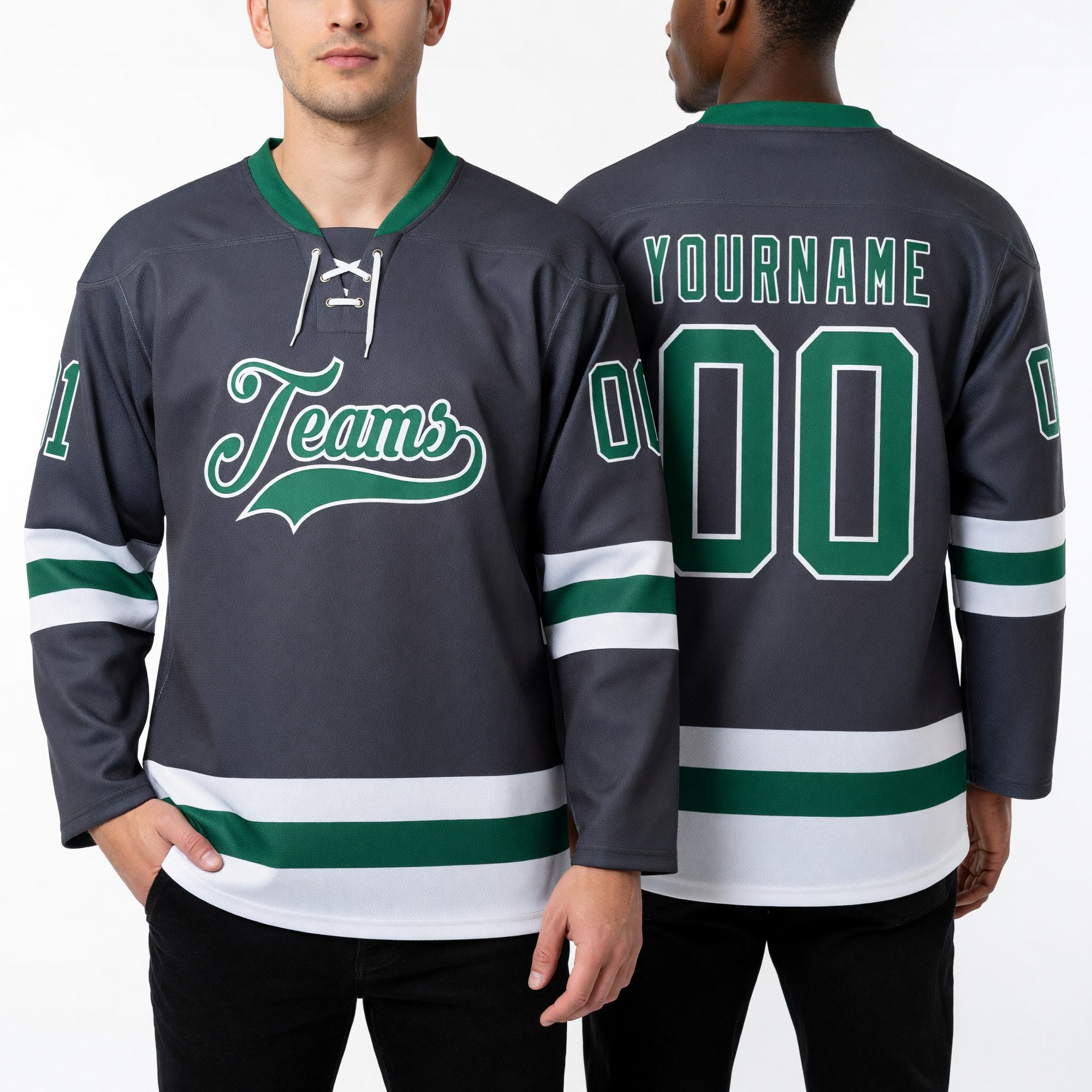 Custom Steel Gray Kelly Green-White Hockey Lace Neck Jersey worn front and back