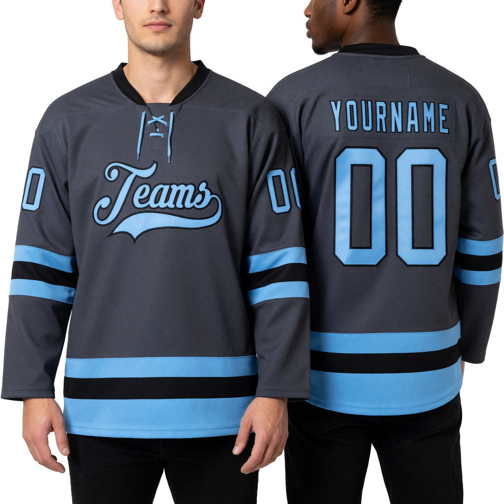 Custom Steel Gray Light Blue-Black Hockey Lace Neck Jersey worn front and back