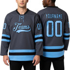 Custom Steel Gray Light Blue-Black Hockey Lace Neck Jersey worn front and back