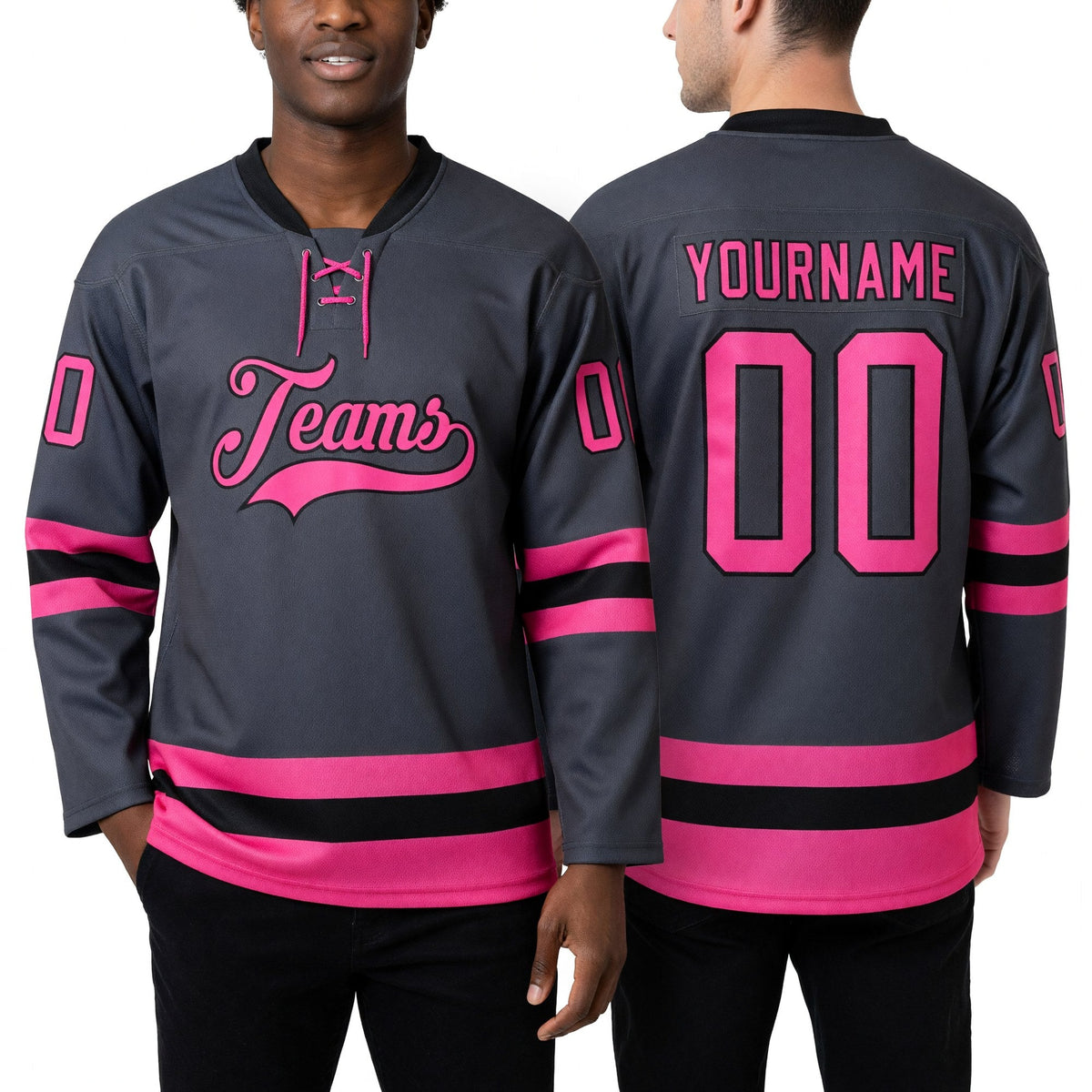 Custom Steel Gray Pink-Black Hockey Lace Neck Jersey worn front and back