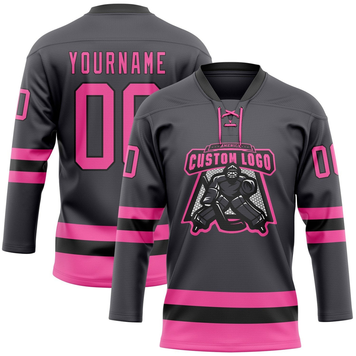 Custom Steel Gray Pink-Black Hockey Lace Neck Jersey photo 2