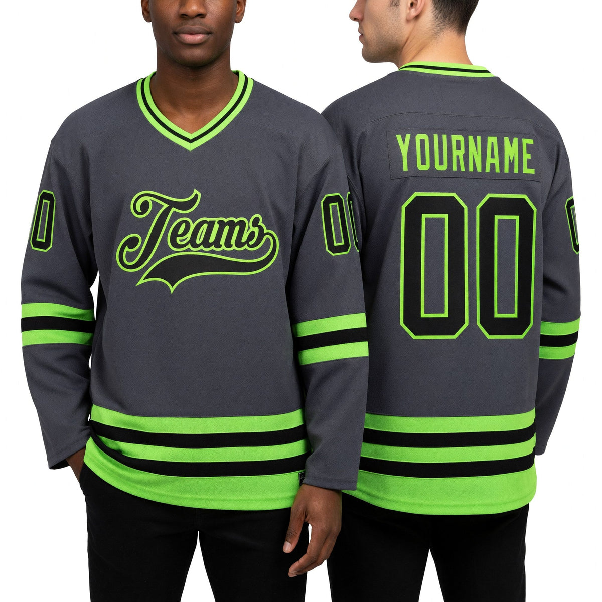 Custom Steel Gray Black-Neon Green Hockey Jersey worn front and back