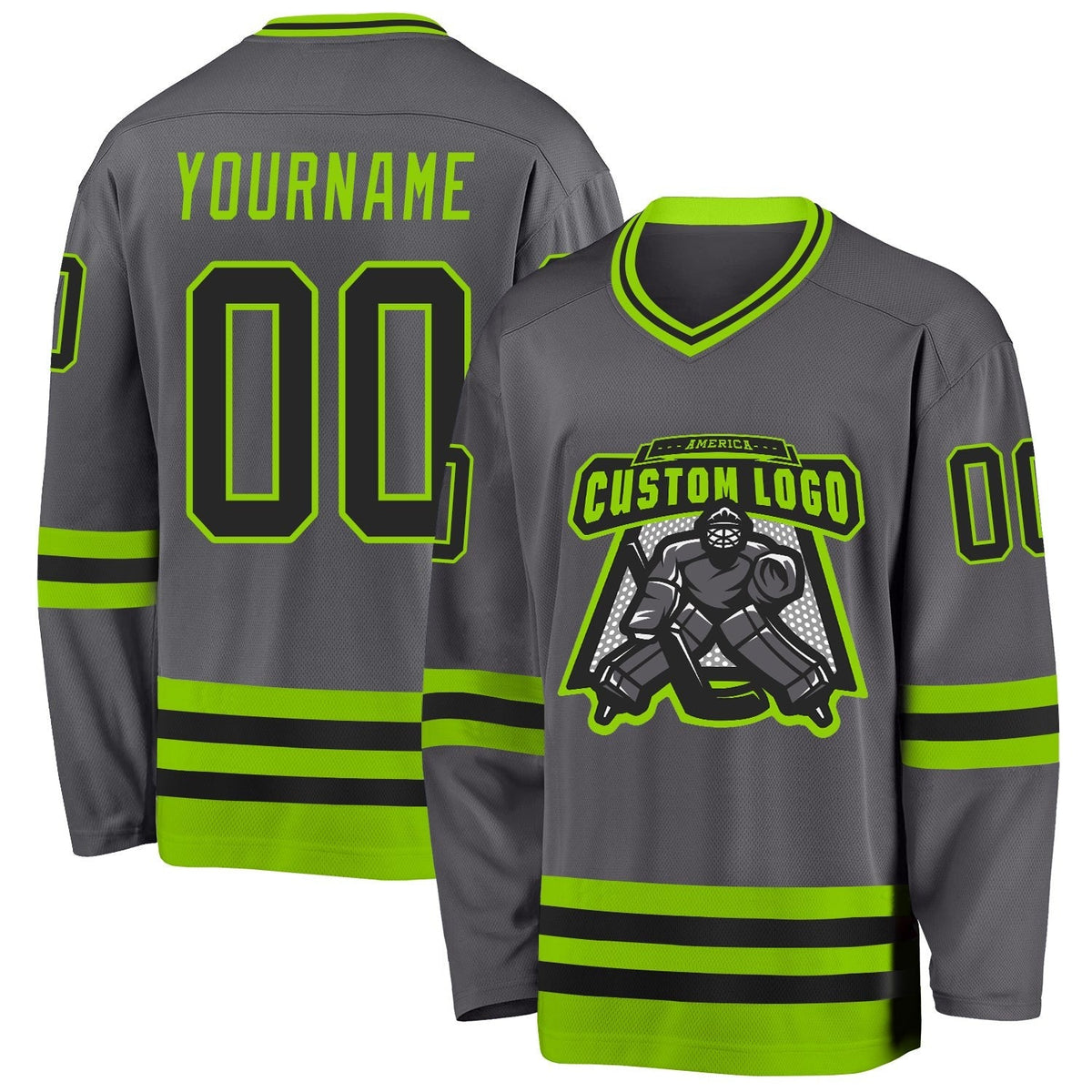 Custom Steel Gray Black-Neon Green Hockey Jersey photo 2