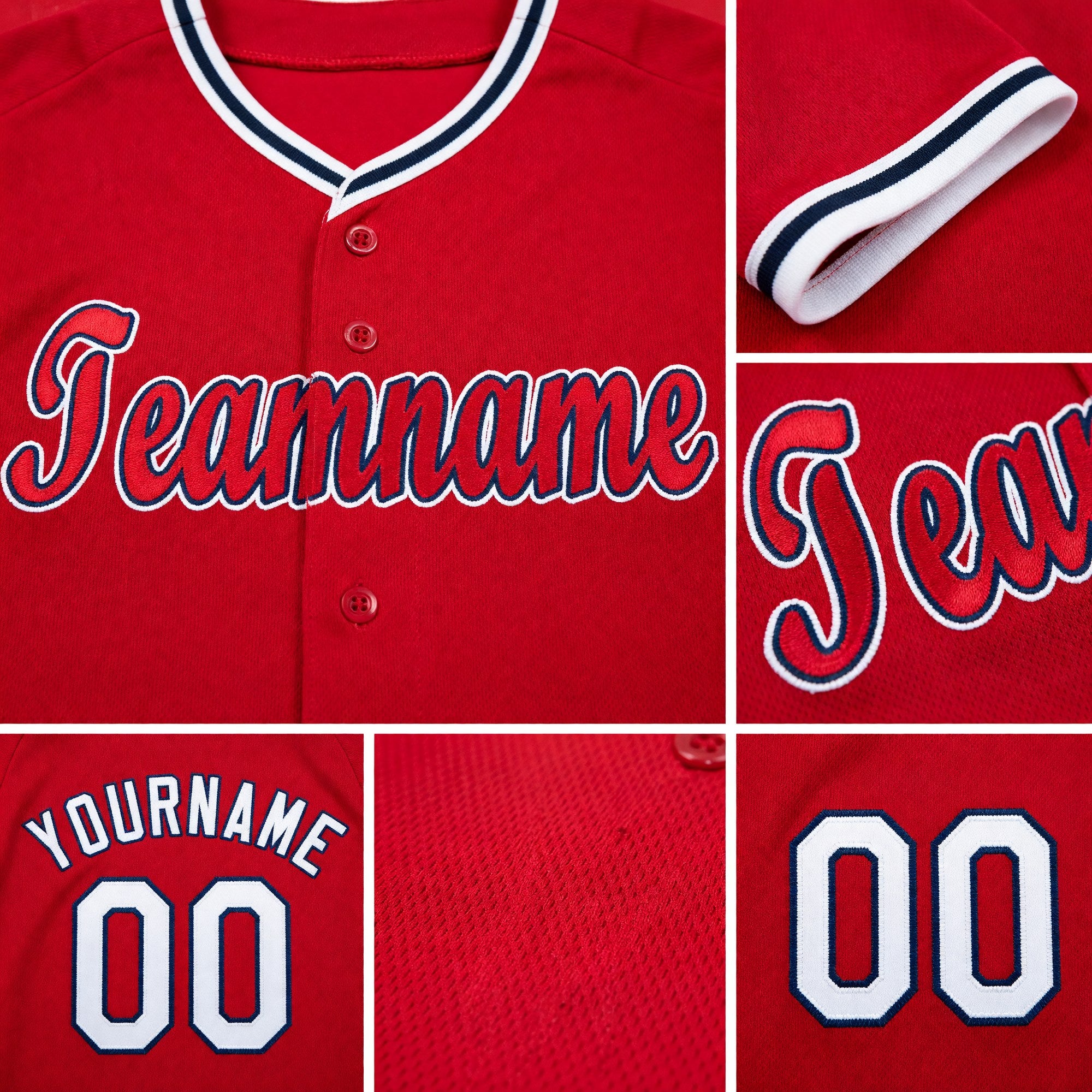 Custom Red White-Navy Baseball Jersey detail