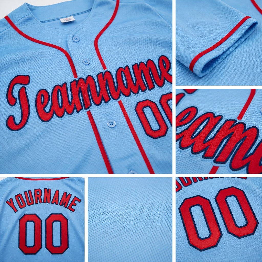 Custom Light Blue Red-Navy Baseball Jersey detail